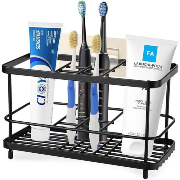 Stainless steel toothbrush holder bathroom organizer with tray sink countertop - Picture 1 of 7